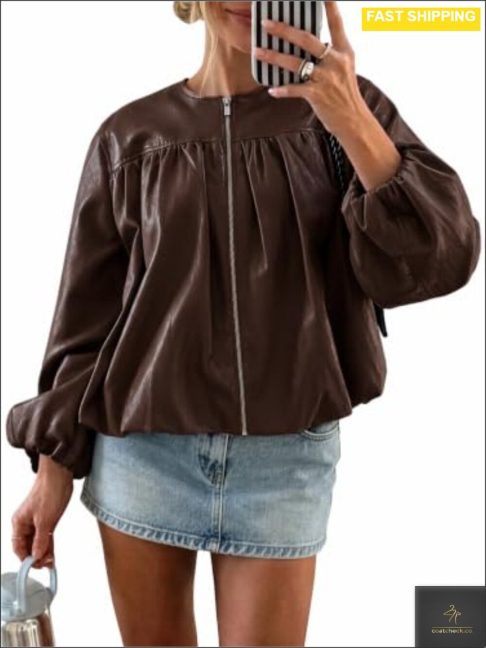 Faux Leather Zip Up Bomber Jacket Bubble Hem Cropped Coat Puff Sleeve